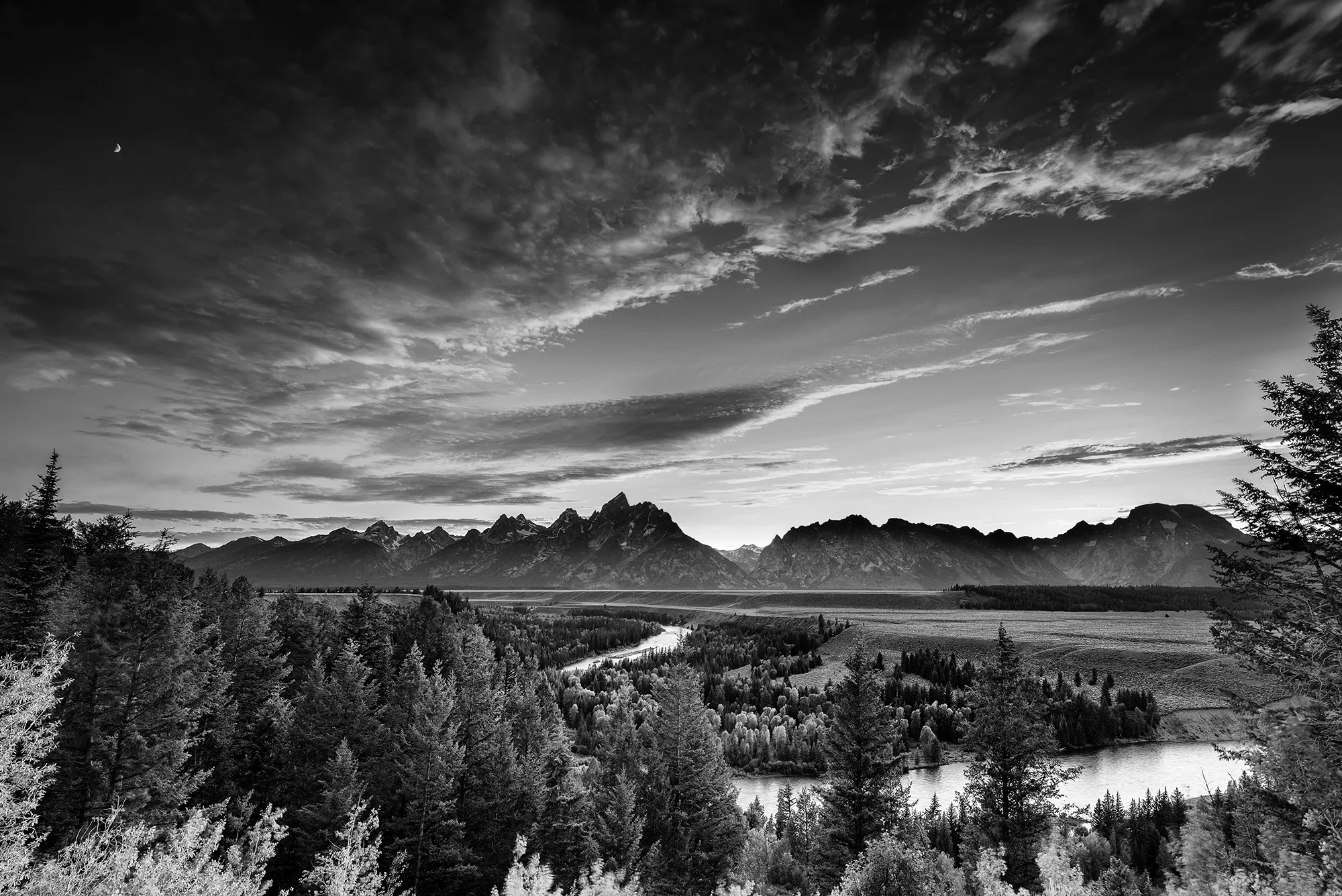 The Grand Teton range over the Snake River, in black and white